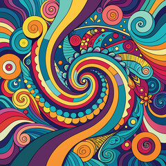 Vibrant abstract doodle background with colorful psychedelic swirls and patterns