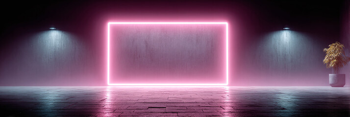 Abstract Neon Square Frame Lit With Pink Light In A Dark Room With Two Spotlights Creating A Mystical Environment