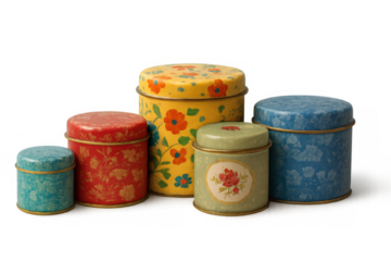 Vintage metal tins collection with colorful floral patterns, retro storage containers group, transparent background