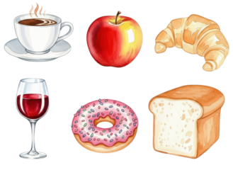 Breakfast and snack selection with coffee, apple, croissant, wine, donut, and bread illustrations
