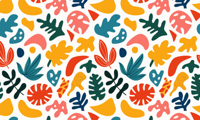 Seamless Tropical Botanical Pattern, Colorful Abstract Leaves and Organic Shapes Background