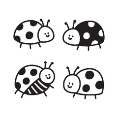 Black and white vector icons of cute spotted ladybug and ladybird beetles.