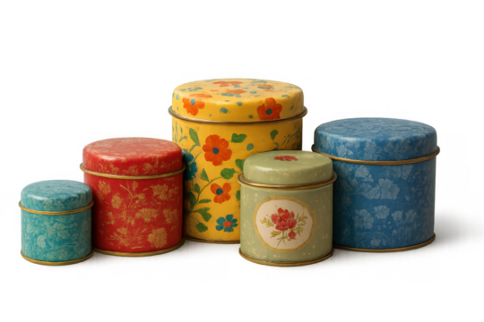 Vintage metal tins collection with colorful floral patterns, retro storage containers group, transparent background