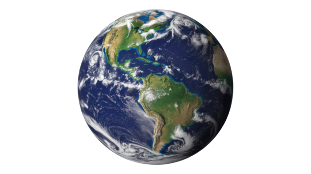 A vibrant globe showing North and South America, surrounded by swirling clouds and deep blue oceans, set against a transparent background. background removed - Powered by Adobe