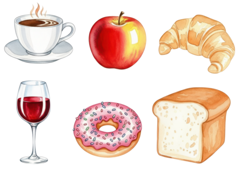 Breakfast and snack selection with coffee, apple, croissant, wine, donut, and bread illustrations