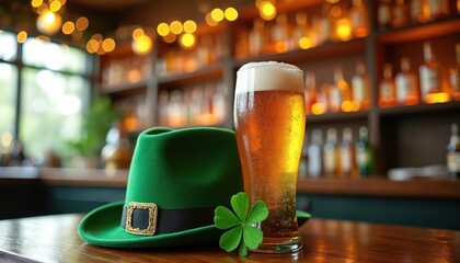 Pint of beer near green hat and clover on wooden table in bar. St Patricks day celebration background. Irish culture festive symbol party holiday drink. Pub interior with light.