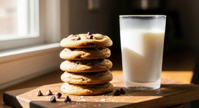 Stacked chocolate chip cookies beside a glass of milk capturing a nostalgic and comforting scene