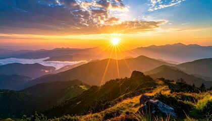 Sunlit mountain dawn with a novel earth and heaven theme