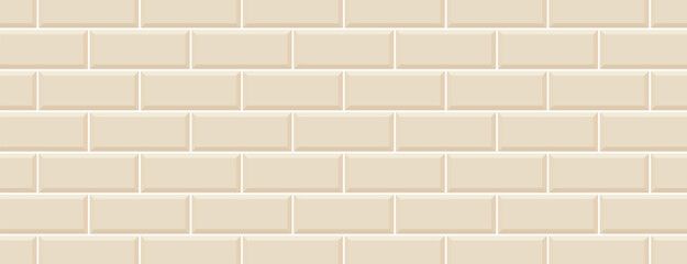 Illustration of a seamless, light beige subway tile wall, featuring a classic horizontal offset brick pattern with a subtle bevel effect