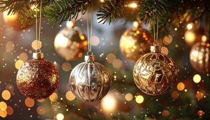 Close-up of festive baubles hanging on a Christmas tree