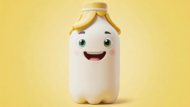 Animated beverage bottle character with a friendly face, yellow background