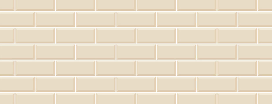 Illustration of a seamless, light beige subway tile wall, featuring a classic horizontal offset brick pattern with a subtle bevel effect