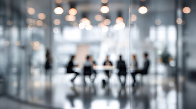 Blurred image of business people silhouettes sitting around table meeting in a modern glass-walled office space with warm bokeh lights creating atmosphere of collaboration and professionalism