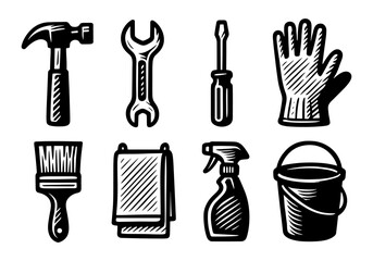 Fototapeta premium Hand drawn tool icons: wrench, hammer, screwdriver, cleaning essentials in black and white