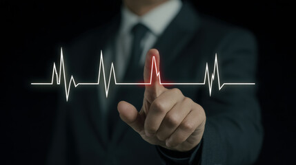 Businessman touching screen with digital heartbeat monitor pulse