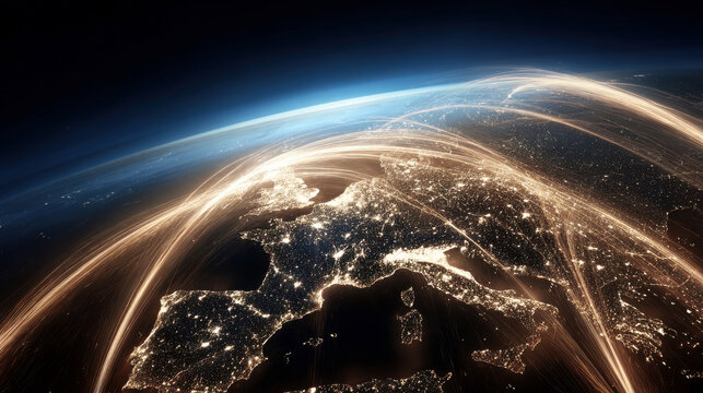 Earth with global communication network connecting european cities at night