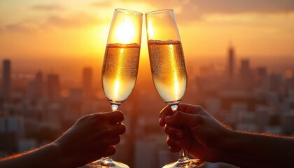 Two hands hold champagne glasses for a toast at sunset. The sun shines brightly through the bubbly drinks with a city skyline visible behind them.