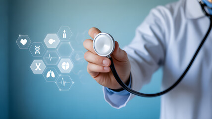 Advanced health check concept with doctor using stethoscope on medical icons for diagnostic healthcare and innovative technologies solutions