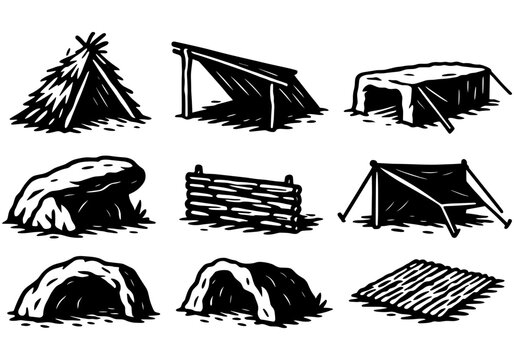 Hand drawn wilderness shelters: diverse outdoor survival structures