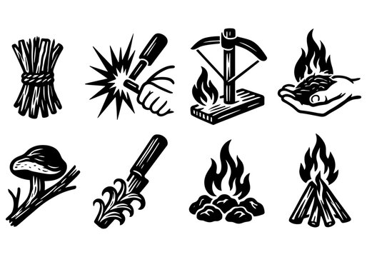 Essential survival icons: fire making, tools, and campfire symbols in bold black design