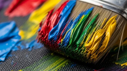 Close-up of a paintbrush loaded with vibrant red, blue, and yellow paint.