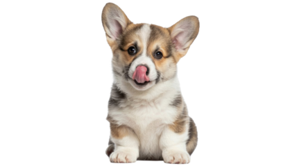 A charming Corgi puppy sits, looking directly at the camera with its tongue playfully licking its nose. A delightful, expressive canine portrait. background removed