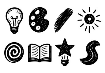 Fototapeta premium Hand drawn creativity icons set featuring light bulb, art, star, and spiral designs