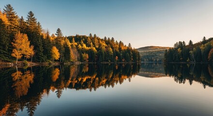 Autumn lake with reflections of fall colored trees and clear blue sky