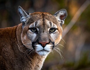 Naklejka premium Close-up of a majestic cat with amber fur, captivating eyes, and a focused gaze. Background is blurred