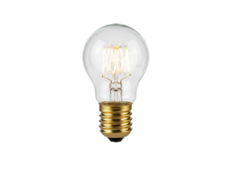 A clear glass Edison light bulb with a brass base and visible filament on a black background isolated by a cutout with a transparent background