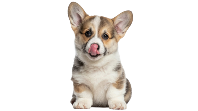 A charming Corgi puppy sits, looking directly at the camera with its tongue playfully licking its nose. A delightful, expressive canine portrait. background removed