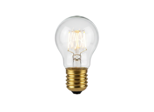 A clear glass Edison light bulb with a brass base and visible filament on a black background isolated by a cutout with a transparent background