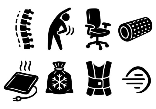 Ergonomic wellness symbols: exercise, office chair, foam roller, and supportive tools