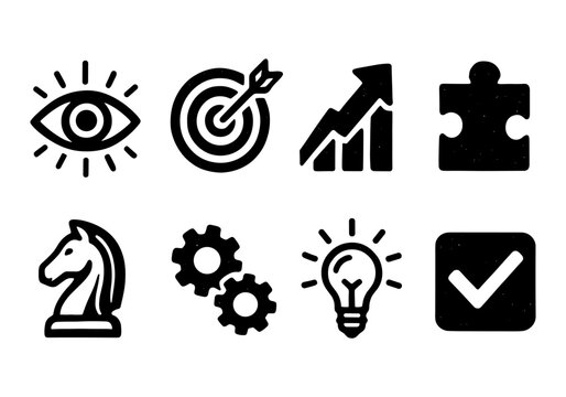Bold icons for strategy and success: eye, target, growth, puzzle, knight, gears, lightbulb, check