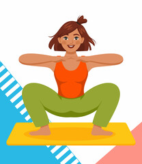 A vibrant image showing a joyful woman performing an exercise routine on a mat, representing health, vitality, and enthusiasm for fitness and an active lifestyle.