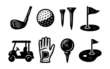 Obraz premium Hand-drawn golf set with clubs, ball, tees, and accessories in black and white