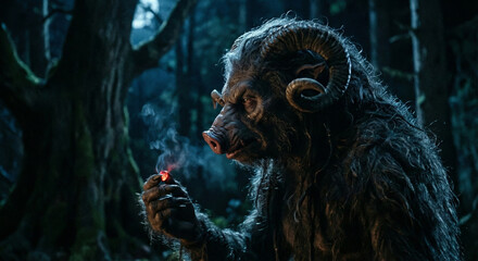 Slavic Chort demon with horns holding smoking ember