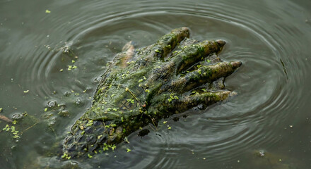 Vodyanoy hand covered in algae emerging from swamp