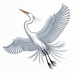 This illustration of a graceful white heron showcases its stunning wings and intricate plumage, embodying the beauty of nature in motion against a clean backdrop.