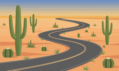A picturesque winding road through a tranquil desert landscape filled with cacti creates a stunning view, symbolizing adventure and exploration amidst nature's beauty. © Miaochan