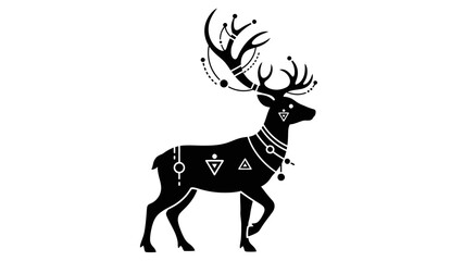 A stylized black silhouette of a deer with intricate geometric patterns and dots on its body and antlers, against a white background.