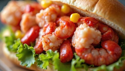 Shrimp sandwich on a bun with crisp lettuce and sweet corn kernels. Savory seafood filling bursts with flavor. Perfect for a summer picnic or quick lunch meal.