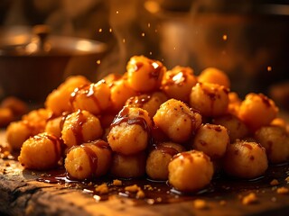Pile of golden fried potato balls drizzled with sauce on a wooden board.