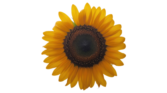 A vibrant, full sunflower bloom with golden yellow petals and a dark brown center, perfectly isolated on a solid transparent background. background removed - Powered by Adobe