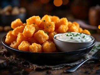 Golden fried cheese curds served with a creamy dipping sauce.