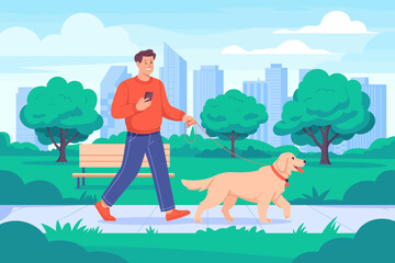 A joyful scene of a man walking his dog in a vibrant city park, showcasing the bond between pets and people, conveying happiness and relaxation in outdoor urban life.