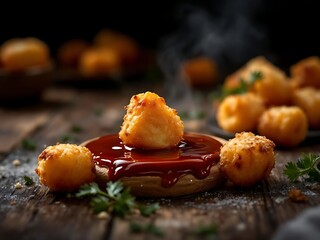 Golden fried potato balls with dipping sauce on a wooden surface.