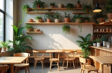 Fototapeta premium Modern cafe interior with wooden furniture, numerous green plants on shelves. Bright natural light streams through large windows, creating shadows on walls. Clean, minimalist decor promotes relaxing