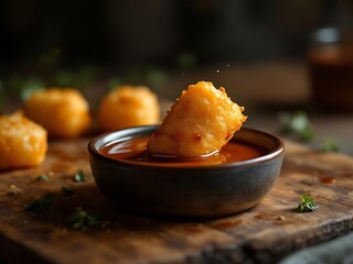 Fried cheese curd being dipped in a bowl of sauce on a wooden board.