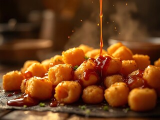 Golden fried tater tots drizzled with a savory sauce, steaming on a slate plate.